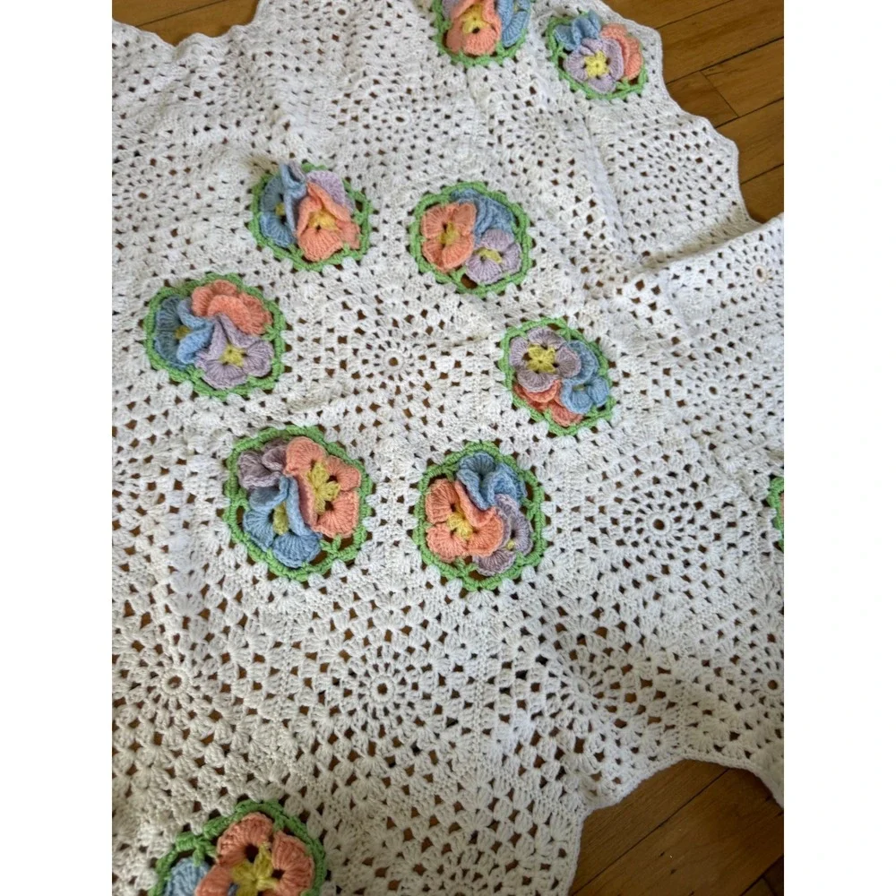 Vintage Handmade Crochet Baby Blanket White Pastel 3D Floral Scalloped Edge